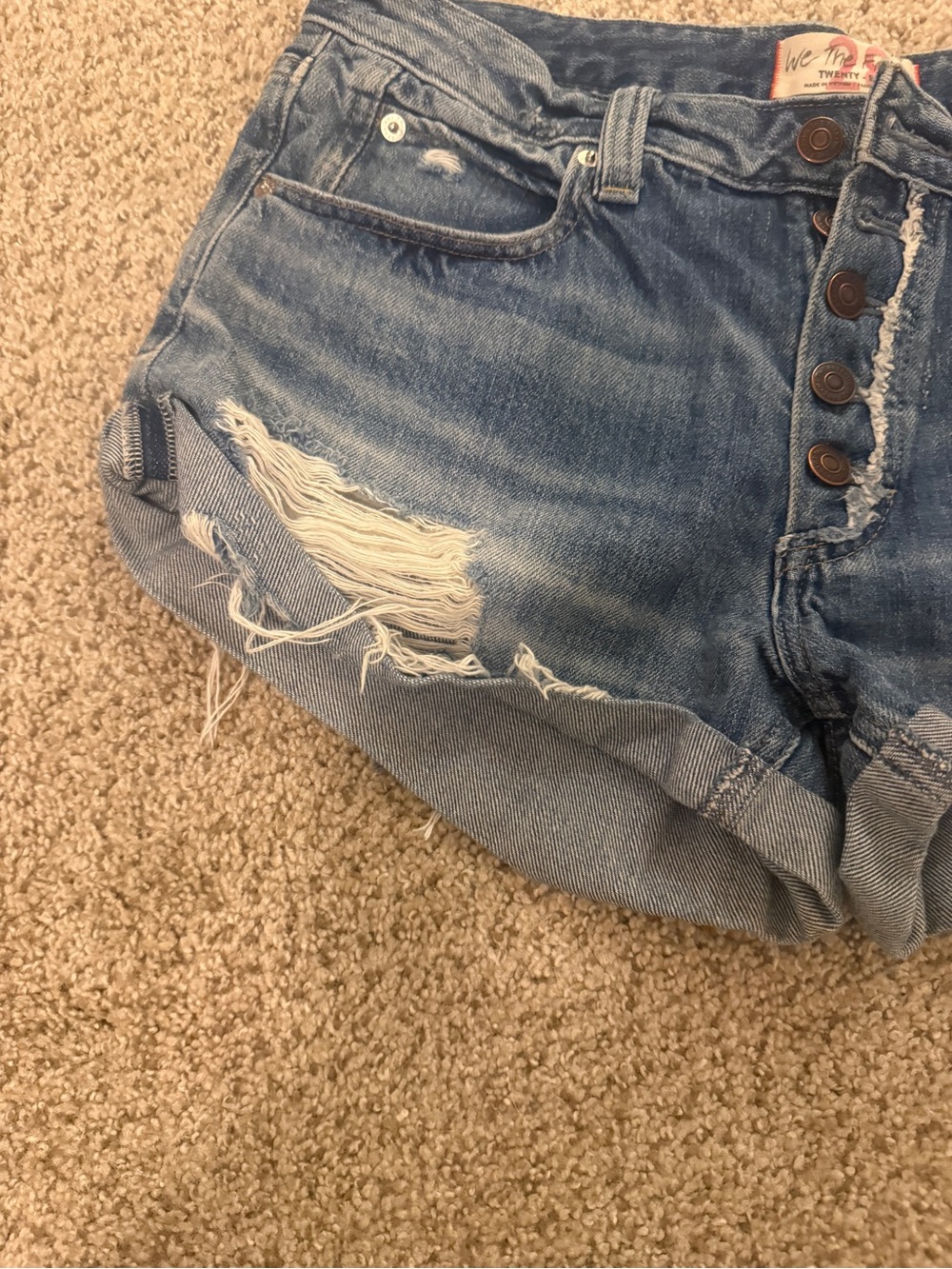 We The Free Distressed Blue Denim Button-Front Shorts - Picture 3 of 5